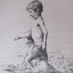 "Boys running on the beach", pencil