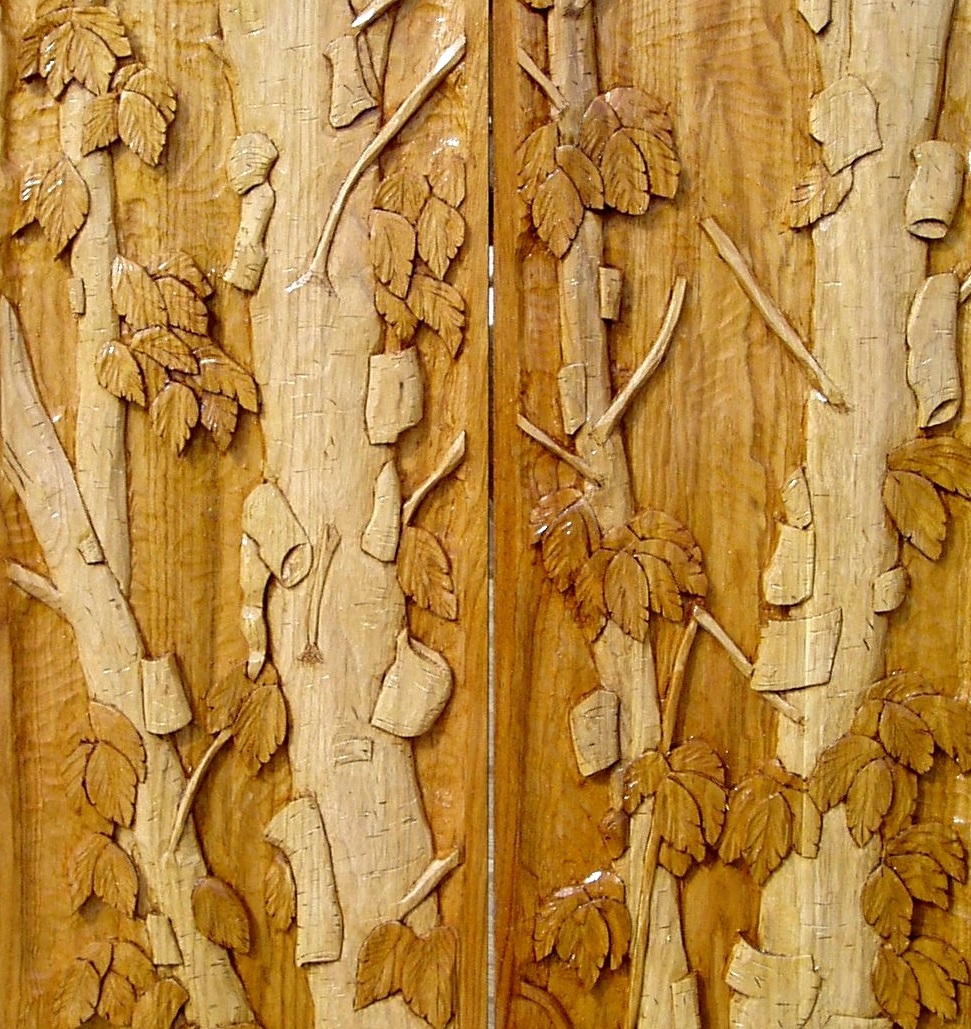 Complete panels, Carved birch trees square Completed carved Butternut panels for Carved Entry door