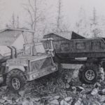 Leftover trucks, pencil on paper, 19x11.5 inches