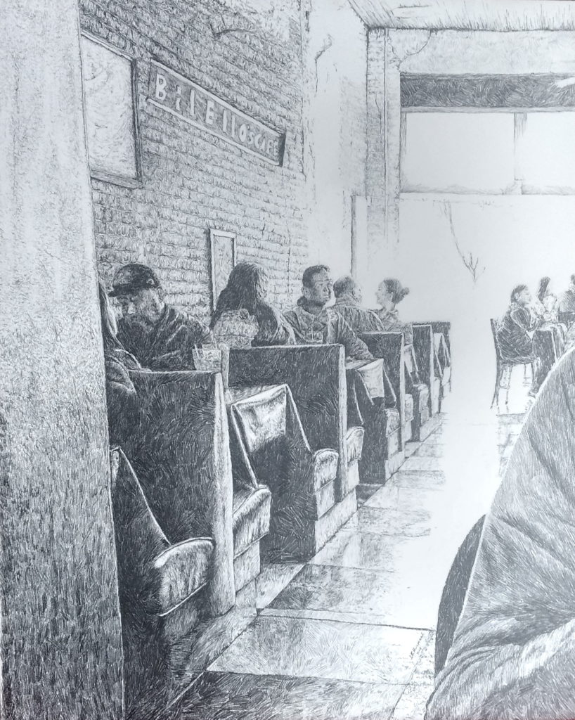 Bilello's Cafe, pencil drawing by John Huisman
