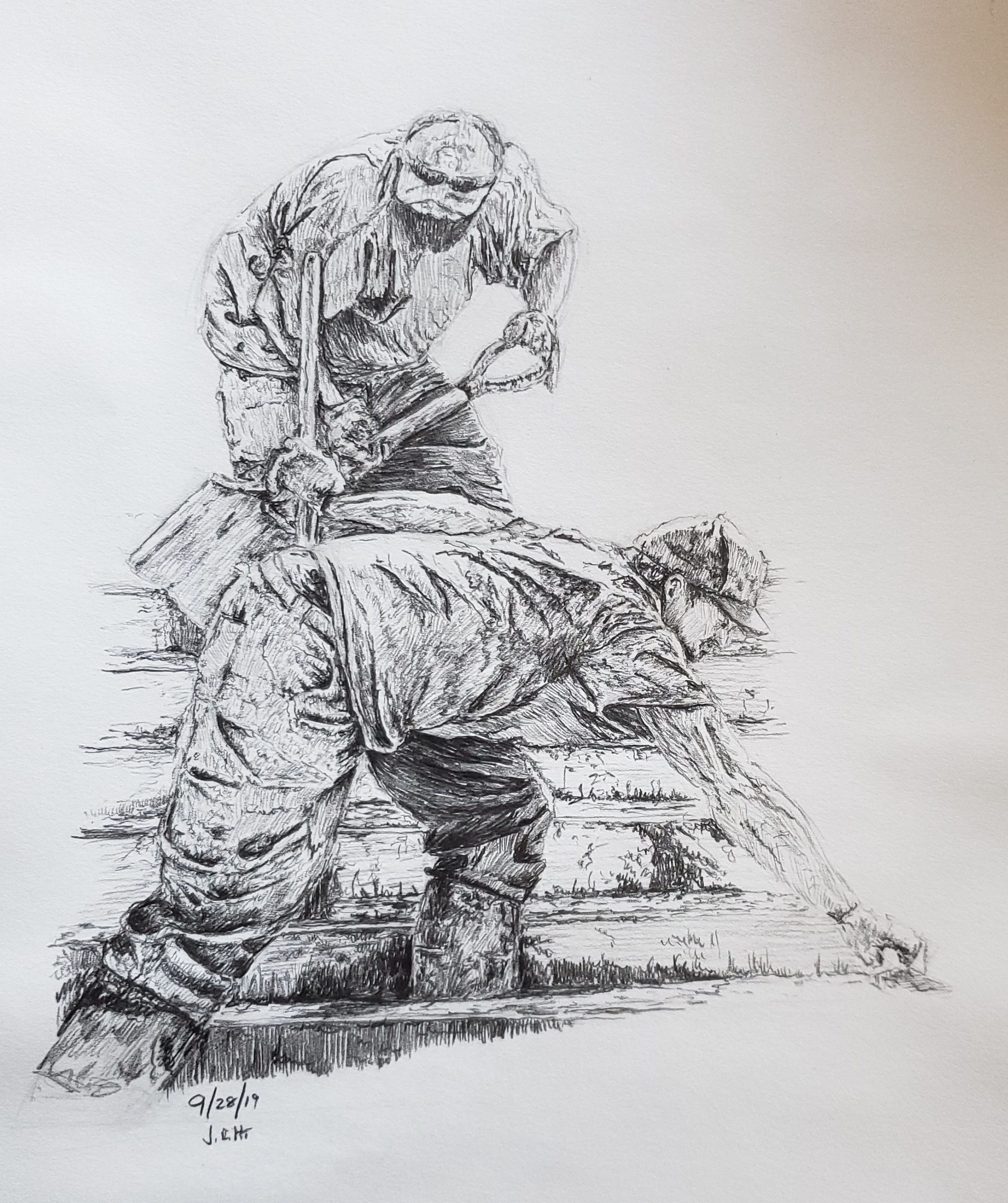 Pouring the steps, pencil sketch by John Huisman (1) Pencil drawing by Minnesota artist John Huisman