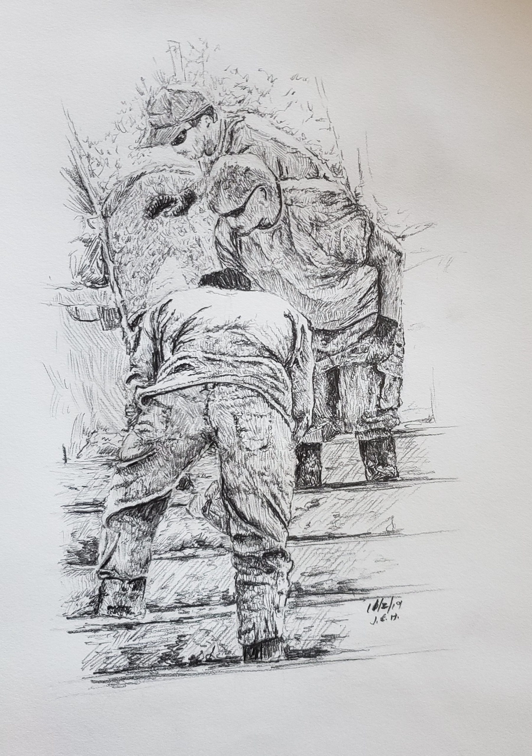 Pouring the steps, pencil sketch by John Huisman (2) Pencil drawing by Minnesota artist John Huisman