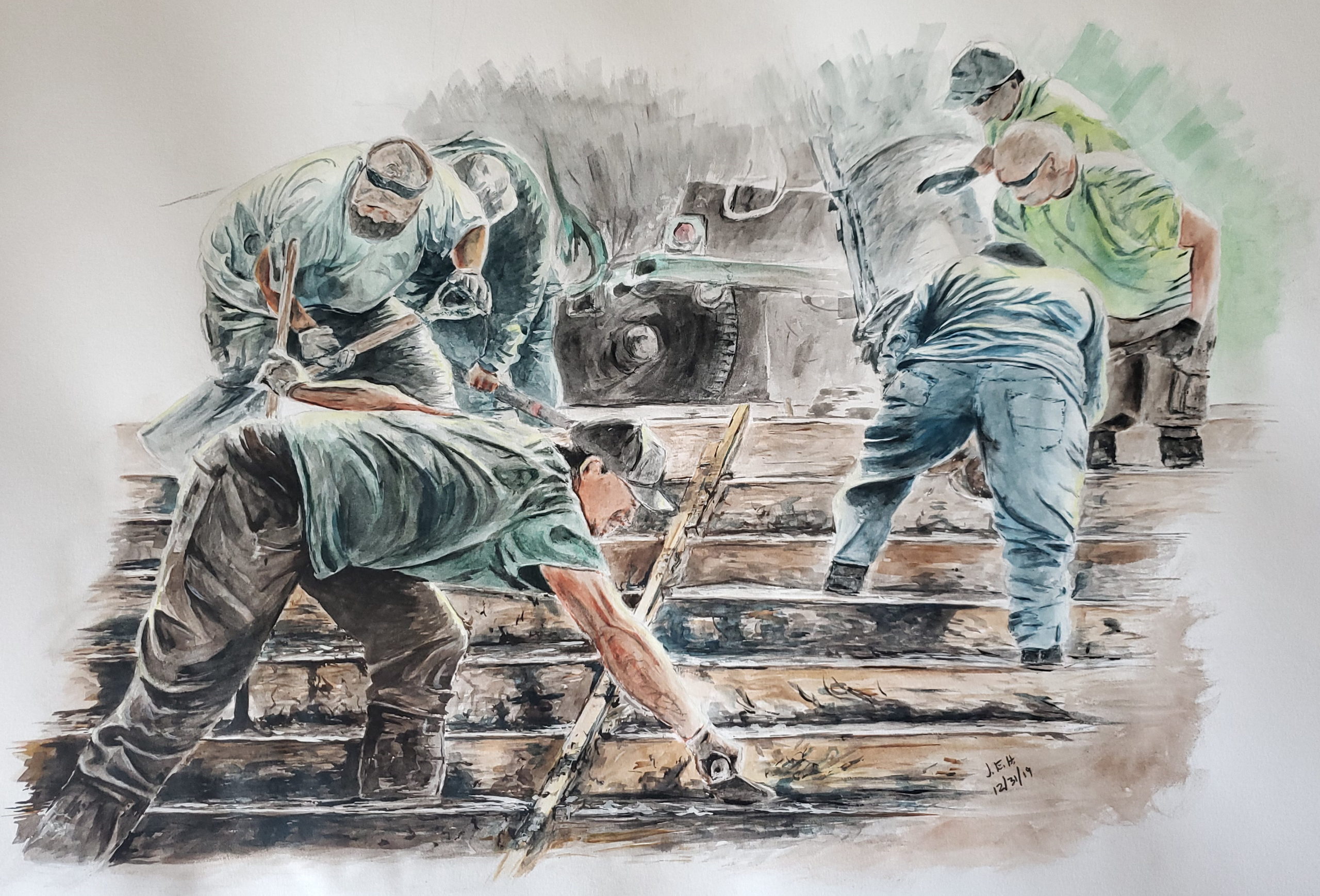 Pouring the steps, watercolor sketch by john Huisman Watercolor sketch by Minnesota artist John Huisman