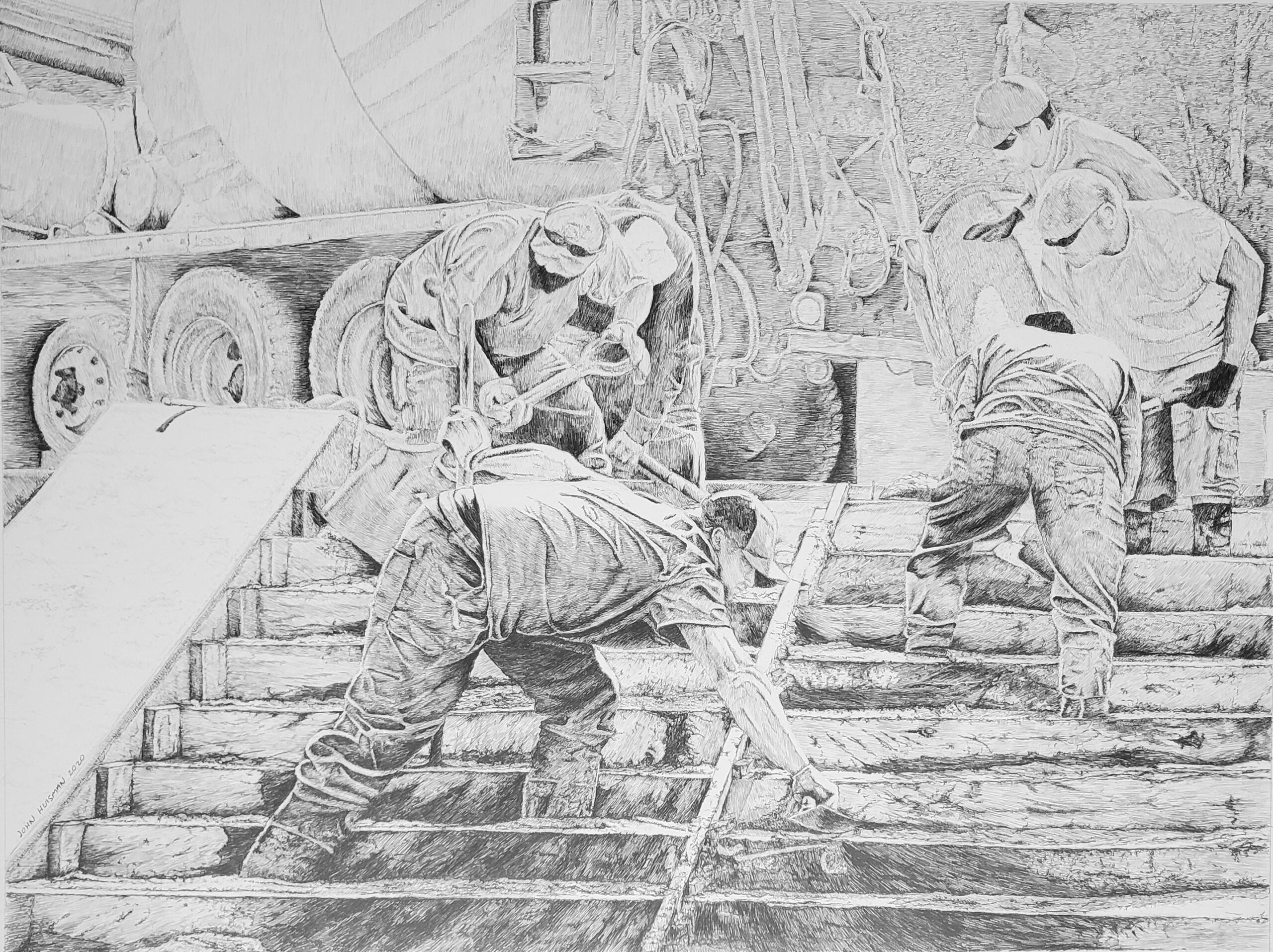 Pouring the steps, 18x24 pencil drawing by John Huisman Pouring the steps, 18x24 pencil drawing by John Huisman