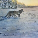 Oil painting of wolves on a frozen lake at sunrise in Northern Minnesota by Minnesota artist john Huisman