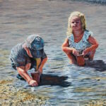 An oil painting of two small children in shallow waters edge titled "Pebbles and Time" by Artist John Huisman