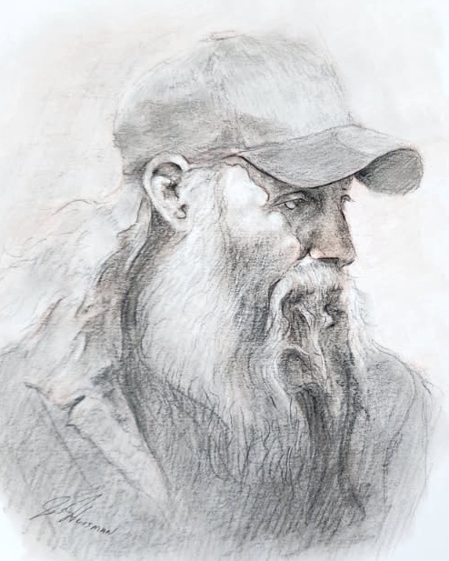 Bearded Man With Hat, 9x8, charcoal on paper, By John Huisman